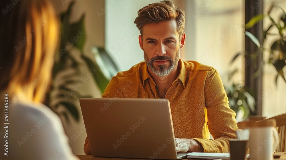 Modern astrologer consulting a client via laptop in a cozy office with natural light Modern astrologer consulting a client via laptop in a cozy office with natural light