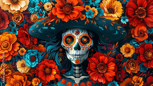 Day of the Dead, sugar skull wearing a sombrero with vibrant florals. 