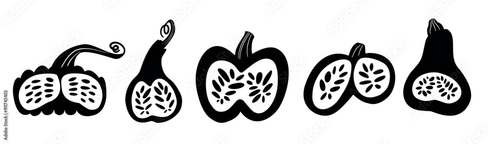 Obraz premium A set of black white pumpkins. Isolated silhouette half pumpkins.