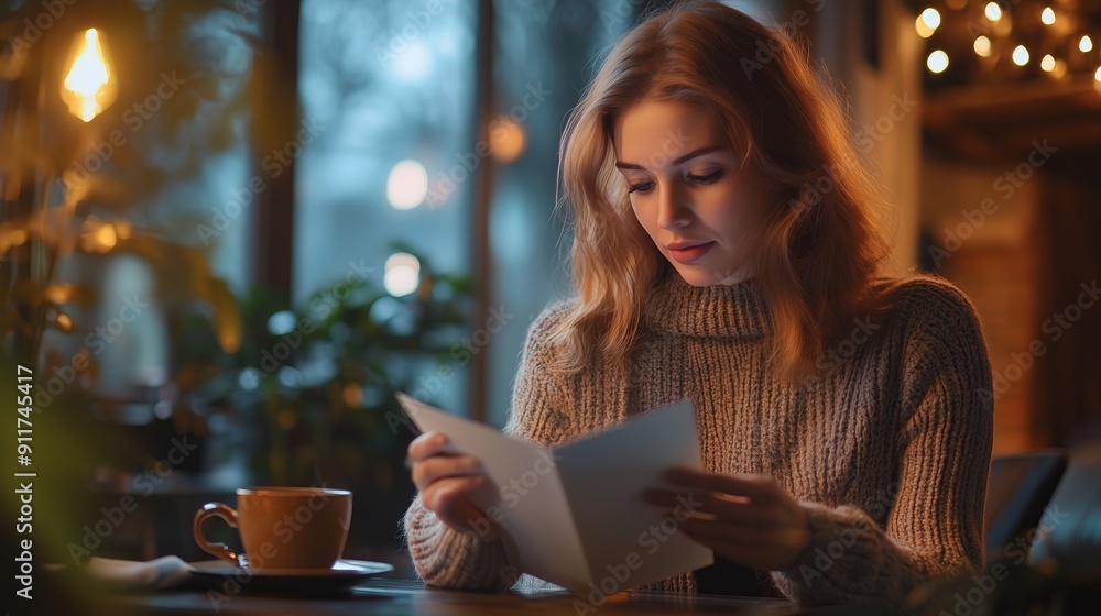 Woman Reading a Chart Over Coffee in a Cozy Cafe with Warm Lighting Woman Reading a Chart Over Coffee in a Cozy Cafe with Warm Lighting