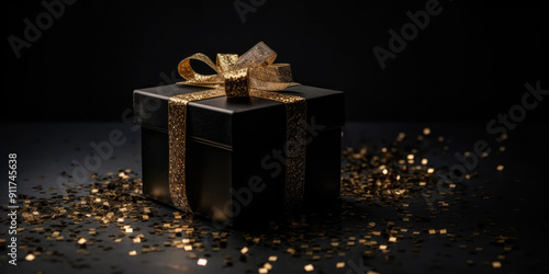 Gift Box. Elegant Black Present Box with Gold Bow and Golden Confettie on a Black Background, copy space. Background for greeting card for Birthday, Fathers Day, Mother's Day, Christmas, Anniversary photo