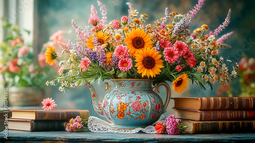 Wildflowers in a vintage teapot stand by the window. Comfort and nostalgic atmosphere. Gardencore