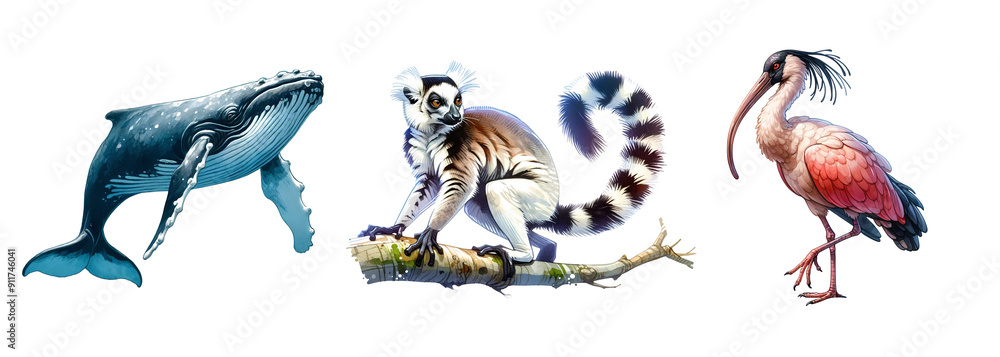 Obraz premium Watercolor illustrations of rare wild animals: white crowned lemur, whale, Ibis, isolated on transparent background. Clipart for educational materials, conservation awareness projects.