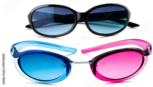  Sunglasses collection in different colours (blue, black and pink) isolated on a white backg_1(175)