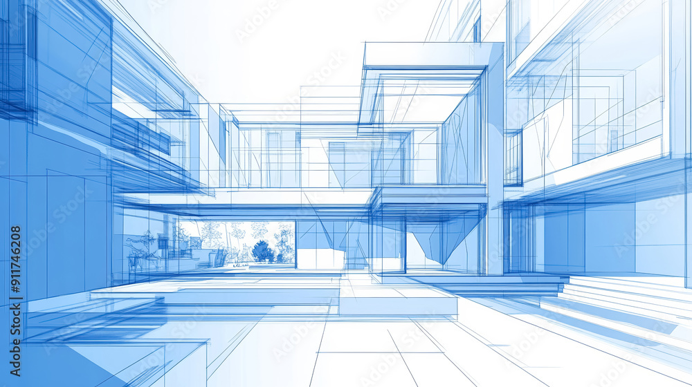 Obraz premium Abstract geometric architectural background. Modern building interior design, urban city structure blueprint. 
