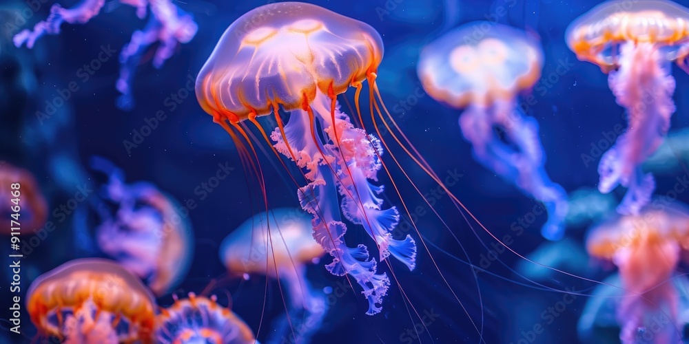 Jellyfish Swimming in Deep Blue Aquarium Water Jellyfish Swimming in Deep Blue Aquarium Water