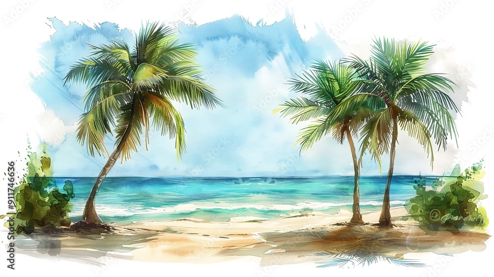 Fototapeta premium Sea or ocean with palms. Beautiful seaside landscape