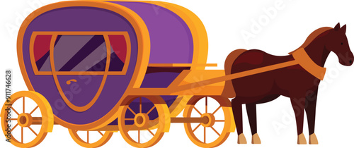 Elegant horse drawn carriage with purple and gold details is waiting