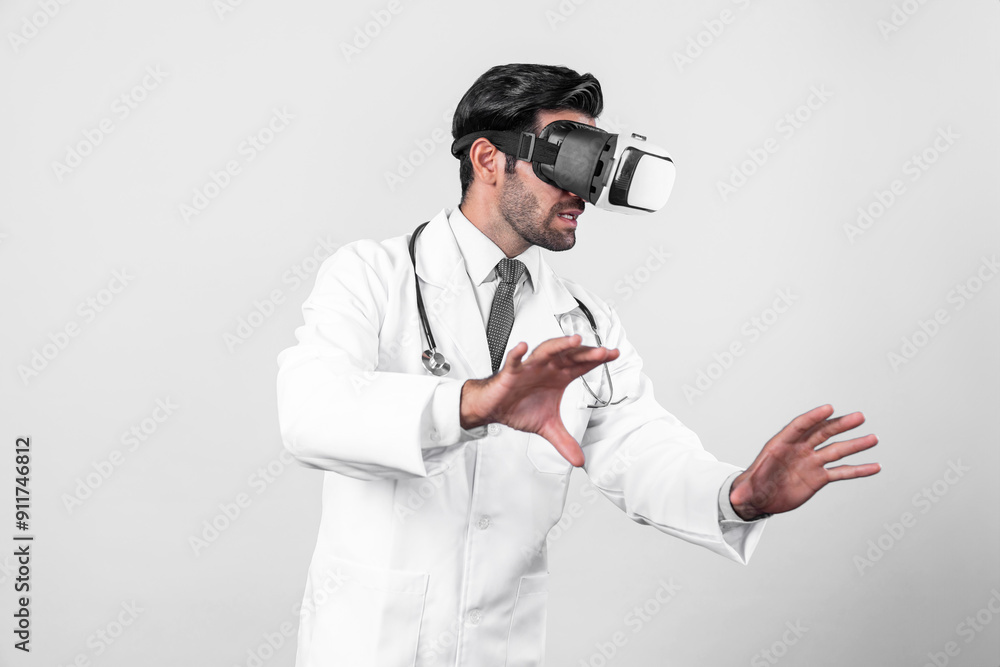 Caucasian smart doctor wearing VR goggles and lab coat while explaining medical theory. Professional doctor analysis medical data while connect metaverse by using visual reality headsets. Deviation. Caucasian smart doctor wearing VR goggles and lab coat while explaining medical theory. Professional doctor analysis medical data while connect metaverse by using visual reality headsets. Deviation.