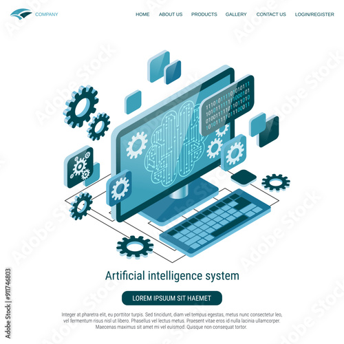Artificial intelligence system, digital mind flat 3d isometric vector concept illustration