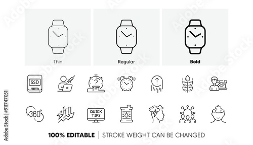 Ssd, Alarm clock and Quiz line icons. Pack of Swipe up, Smartwatch, 360 degree icon. Vaccination appointment, Mindfulness stress, Squad pictogram. Oil barrel, Gluten free, Web tutorials. Vector