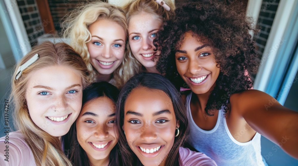 Five young women of different ethnicities stand close together, smiling and looking directly at the camera as they take a selfie in an indoor setting Five young women of different ethnicities stand close together, smiling and looking directly at the camera as they take a selfie in an indoor setting