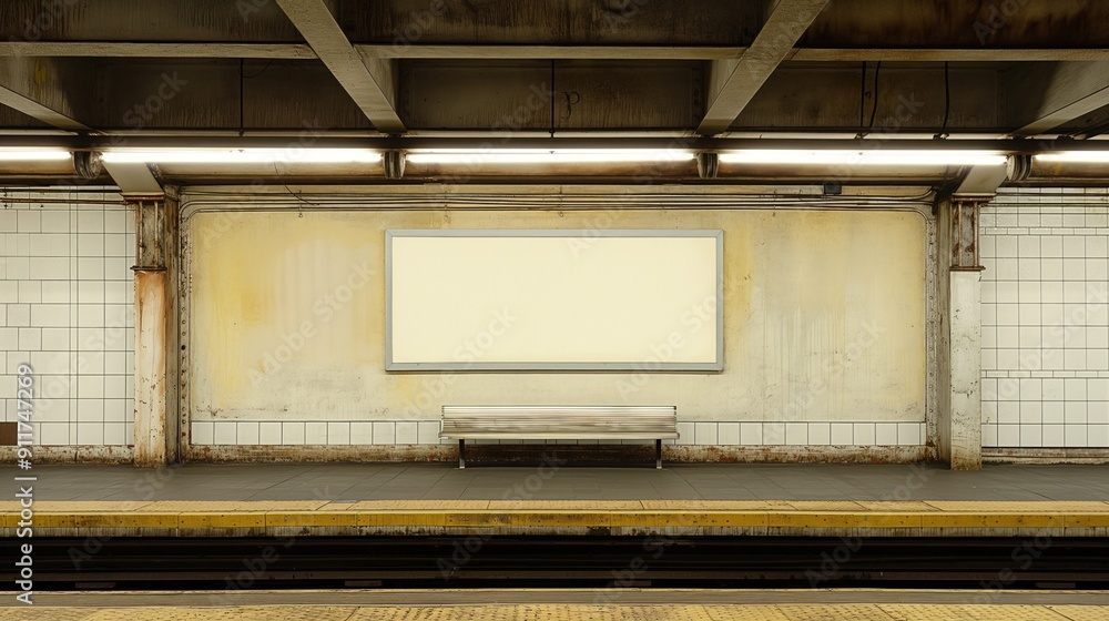 Empty white poster on a subway station wall, ideal for advertisements, public service announcements, or artistic displays, blending urban convenience with creative potential Empty white poster on a subway station wall, ideal for advertisements, public service announcements, or artistic displays, blending urban convenience with creative potential