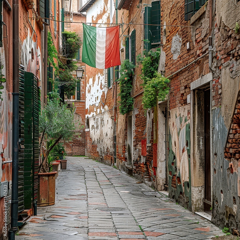 Fototapeta premium The Italian flag waves majestically, showcasing its vibrant green, white, and red vertical stripes. This image beautifully represents national pride and the rich cultural heritage of Italy.