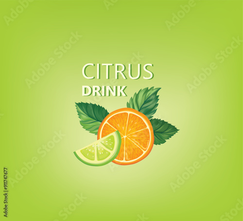 Fresh fruits with mint leaves. Fresh orange, lime, mint sliced pieces. Vector colorful citrus food background with fruits juice drink.