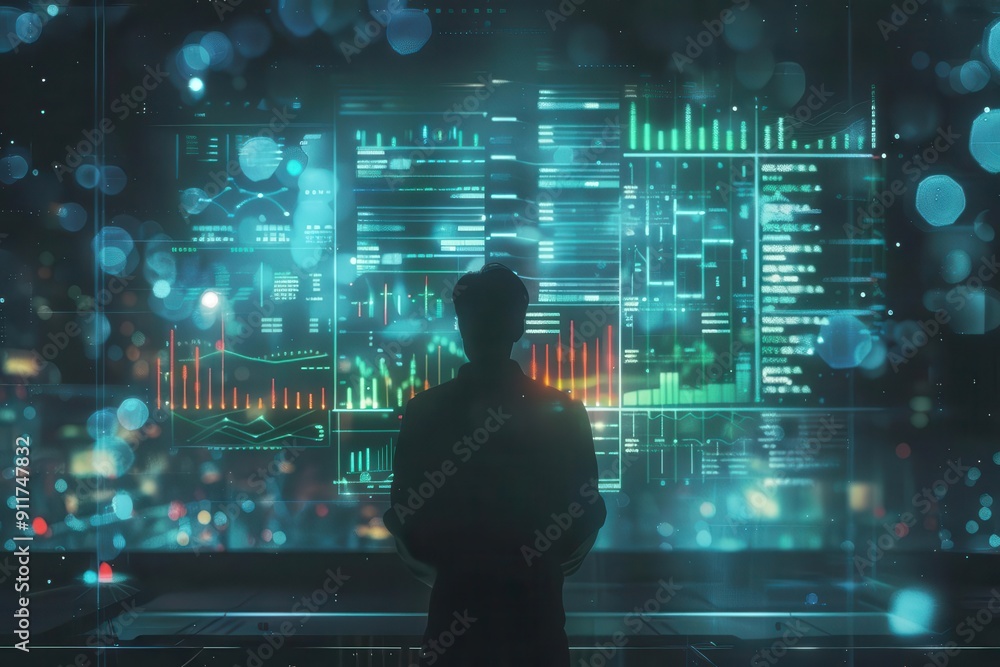 futuristic data visualization holographic charts and graphs float in darkened room glowing particles stream between infographic elements analysts silhouette visible in foreground futuristic data visualization holographic charts and graphs float in darkened room glowing particles stream between infographic elements analysts silhouette visible in foreground
