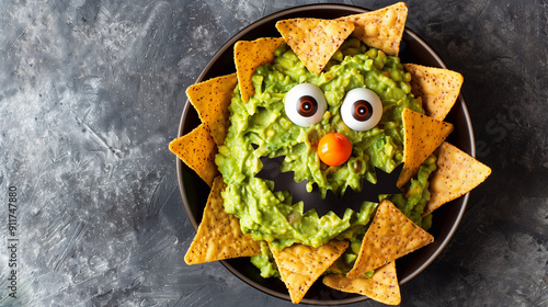 Guacamole served as monster with nachos. Halloween party dish. photo