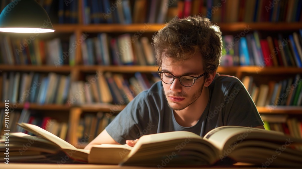A young man sits at a table in a library, intently reading multiple open books, illuminated by a desk lamp, surrounded by shelves filled with various books A young man sits at a table in a library, intently reading multiple open books, illuminated by a desk lamp, surrounded by shelves filled with various books
