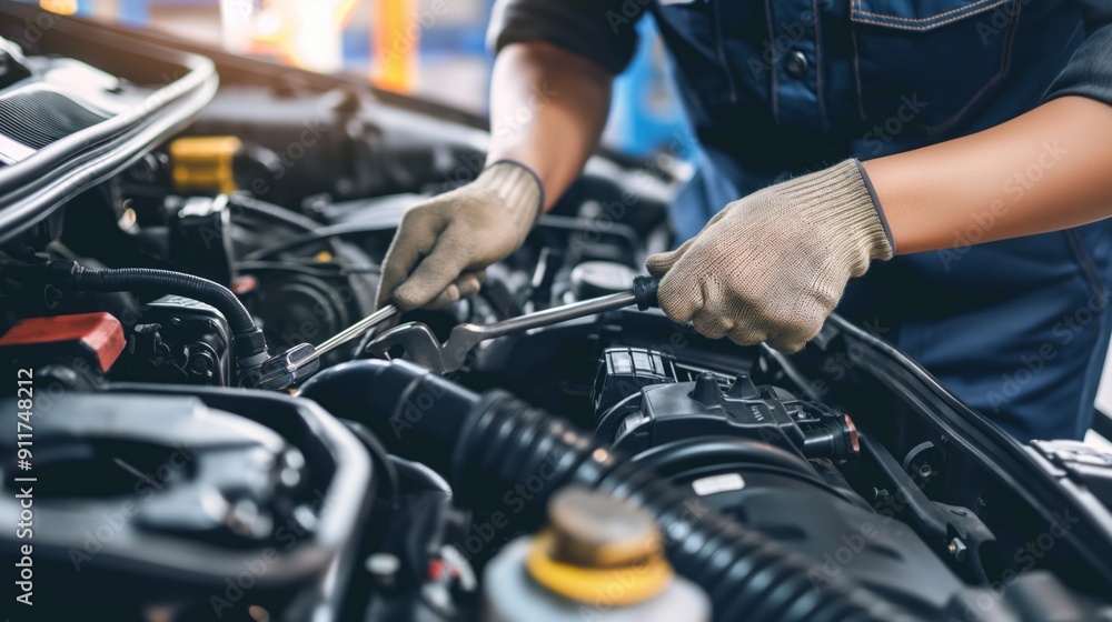 A mechanic in work clothes works on a car engine, using tools to tighten a bolt A mechanic in work clothes works on a car engine, using tools to tighten a bolt