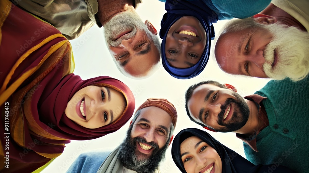 Diverse group of happy friends stands together in an urban area, showcasing camaraderie and joy as they smile warmly at the camera during a sunny day Diverse group of happy friends stands together in an urban area, showcasing camaraderie and joy as they smile warmly at the camera during a sunny day