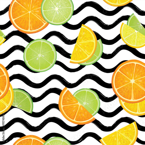 Fresh fruits summer seamles pattern. Fresh orange, lime sliced pieces. Vector colorful drawing wavy background with fruits.