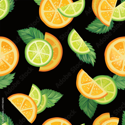 Fresh fruits summer seamles pattern. Fresh orange, lime, citron sliced pieces and mint leaves. Vector colorful food drawing nature background with fruits.