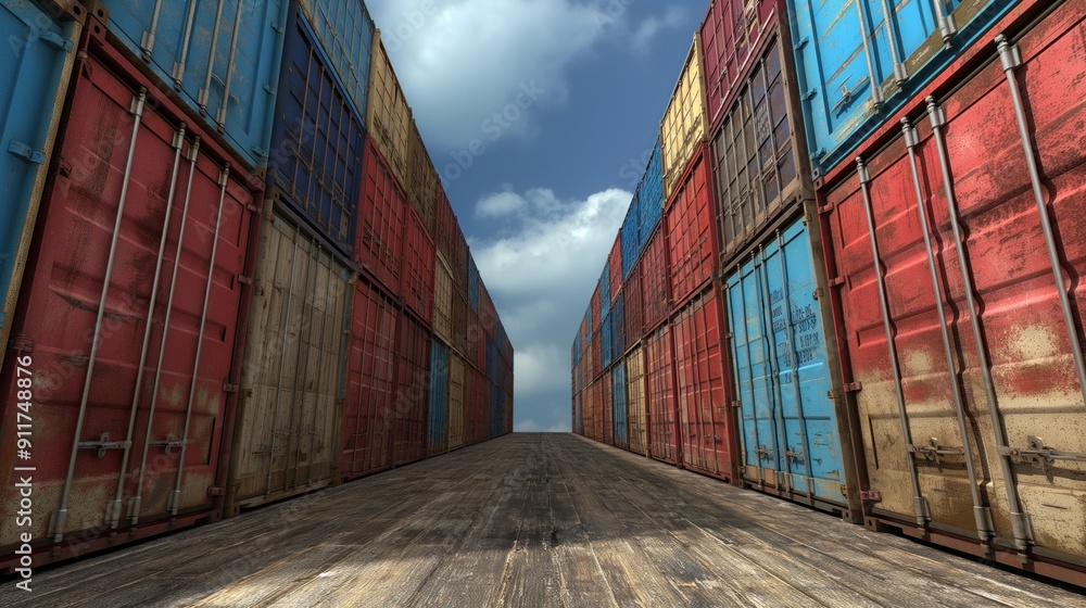 Fototapeta premium Shipping containers of various colors are arranged in a narrow path, with wooden flooring beneath and a cloudy sky overhead, creating a vibrant industrial atmosphere