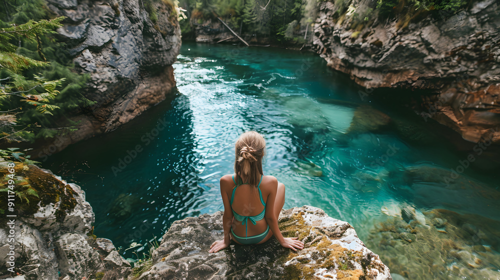 People joyfully swimming in a beautiful natural swimming hole surrounded by lush greenery and rocks. People joyfully swimming in a beautiful natural swimming hole surrounded by lush greenery and rocks.