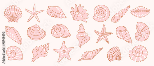 Set of seashells and starfish of different shapes and types. Vector isolated simple symbol icons in pink color with outline in flat style. Marine tropical design elements.