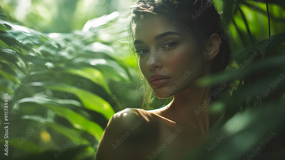 Nahaufnahme eines Models im Dschungel Nahaufnahme eines Models im Dschungel