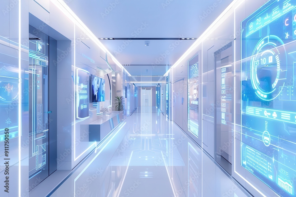 futuristic hotel management interface holographic displays show realtime data sleek design with blue and white color scheme smart building concept futuristic hotel management interface holographic displays show realtime data sleek design with blue and white color scheme smart building concept
