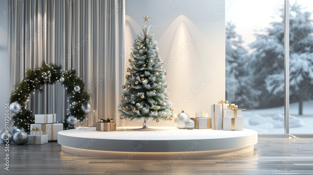modern living room with a white plaster wall and partly ruined brick wall and Christmas decoration modern living room with a white plaster wall and partly ruined brick wall and Christmas decoration