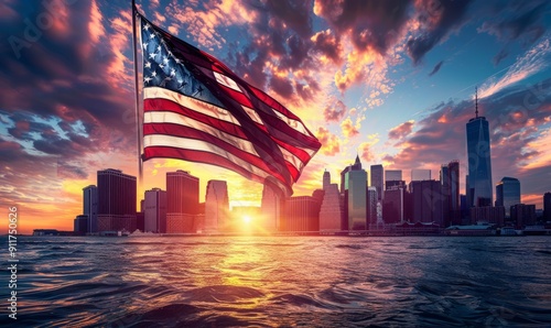 American Flag Waving Over New York City Skyline at Sunset