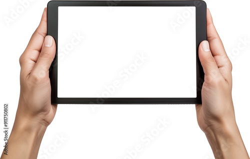 Hand man holding tablet with mockup blank screen isolated on white background with clipping path photo