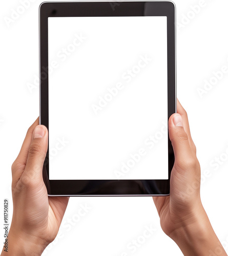 Hands holding a vertical tablet cut out of a transparent background