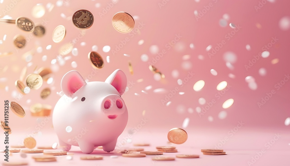 Piggy bank with coins on bokeh background, saving concept Piggy bank with coins on bokeh background, saving concept