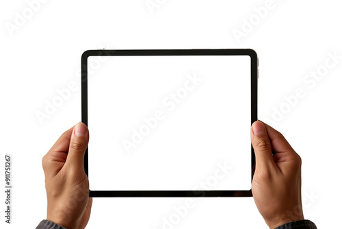 Hands touching blank screen of black tablet computer, isolated on white background photo