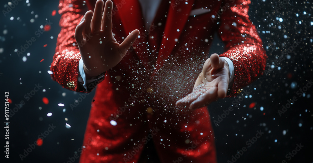 Fototapeta premium A magician performing a disappearing magic trick - open hands, red suit jacket with confetti and sparkles in the air - black background