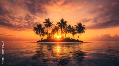 ヤシの木が生える小さな島の夕暮れ