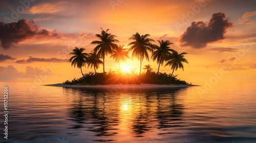 ヤシの木が生える小さな島の夕暮れ