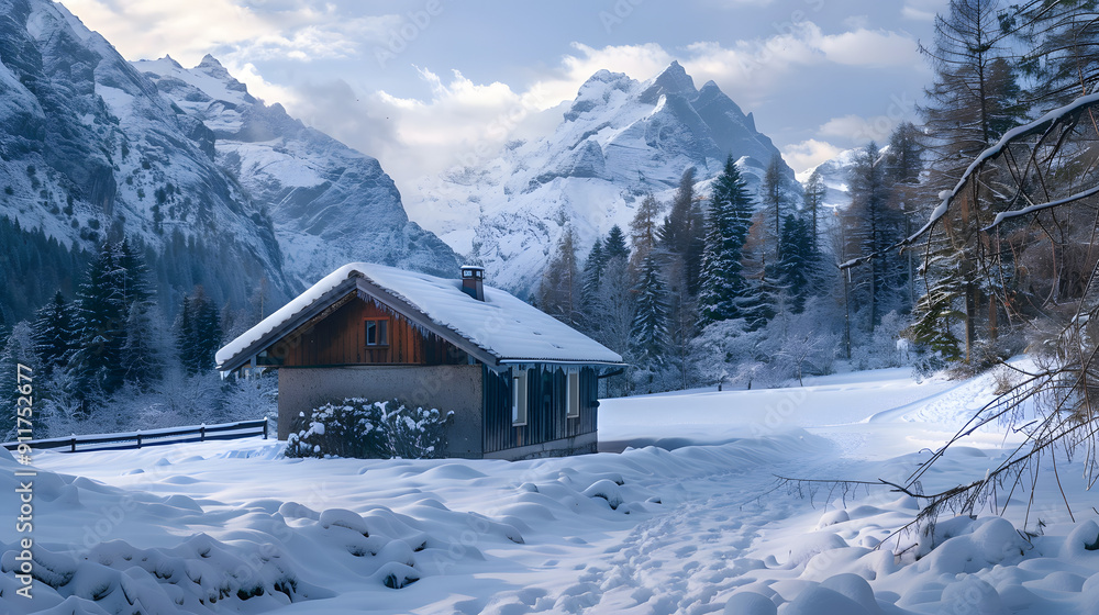 Cold winter scenery with chalet in the mountains Cold winter scenery with chalet in the mountains