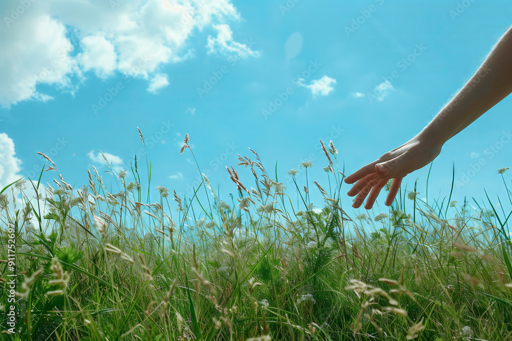 Fototapeta premium A Hand Reaches Out to Touch the Lush Green Grass Beneath a Clear Blue Sky on a Sunny Day