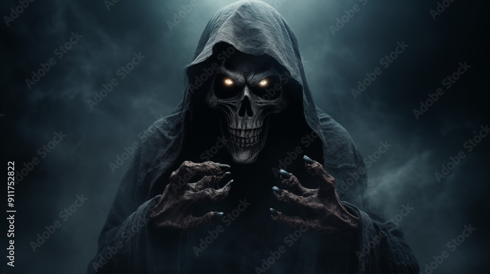 Grinning Hooded Skeleton Figure with Glowing Eyes in Dark Foggy Atmosphere Grinning Hooded Skeleton Figure with Glowing Eyes in Dark Foggy Atmosphere