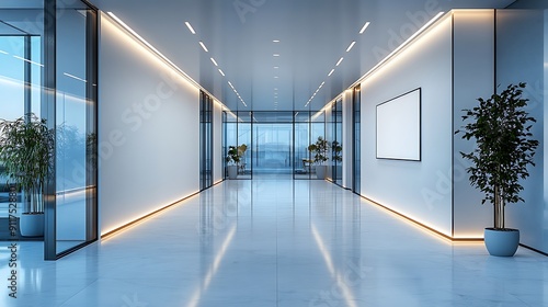 Fototapeta Naklejka Na Ścianę i Meble -   White blank wall in a modern office interior with glass doors and windows, mockup template, banner 
