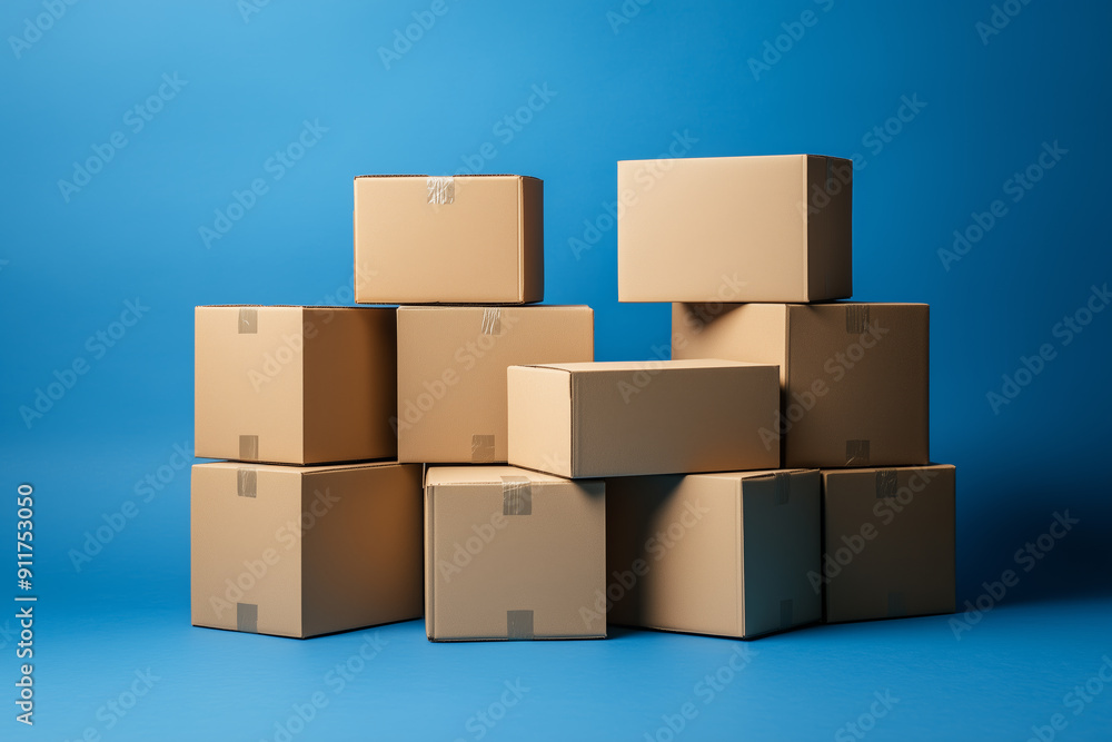 A stack of cardboard boxes with a white blue. The boxes are of different sizes and are piled on top of each other A stack of cardboard boxes with a white blue. The boxes are of different sizes and are piled on top of each other