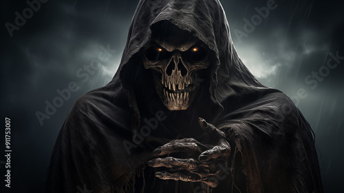 Grim Reaper With Glowing Eyes Reaching Out Amidst Dark Rainy Background