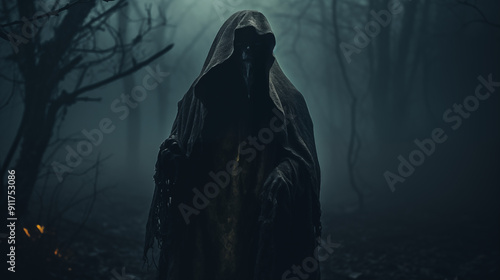 Sinister Hooded Figure In Foggy Forest Enigmatic Presence Chilling Atmosphere And Shadows