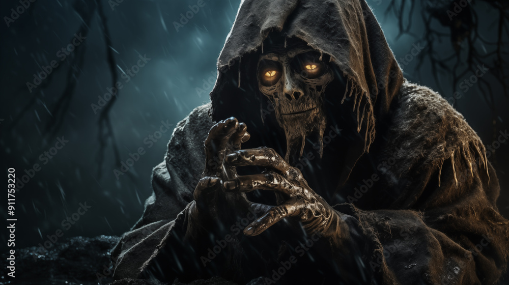 Obraz premium Grim Reaper With Glowing Eyes In Hooded Cloak Clasping Hands In Mysterious Dark Forest Scene