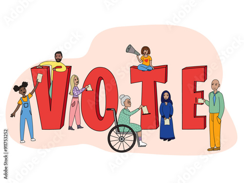 Multicultural People putting paper ballots to election VOTE boxes colorful vector illustration. Voting and election concept. Democratic election. Vector flat illustration.