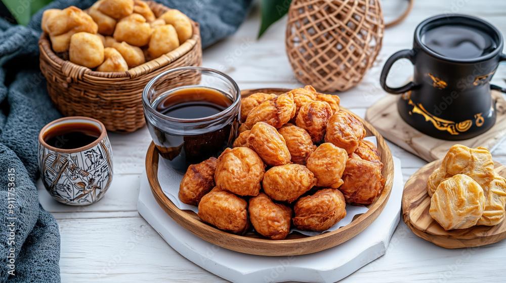 Traditional African food Puff-Puff. Fried golden-brown dough balls served with dark beverages, often enjoyed as a snack or breakfast item. Traditional African food Puff-Puff. Fried golden-brown dough balls served with dark beverages, often enjoyed as a snack or breakfast item.